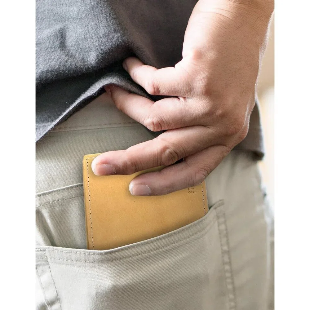 Men's Yellow Attached Flip Pockets Genuine Leather Wallet Card Extra Capacity